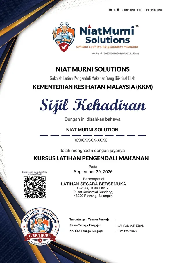 Contoh Sijil Kehadiran Kursus Pengendali Makanan